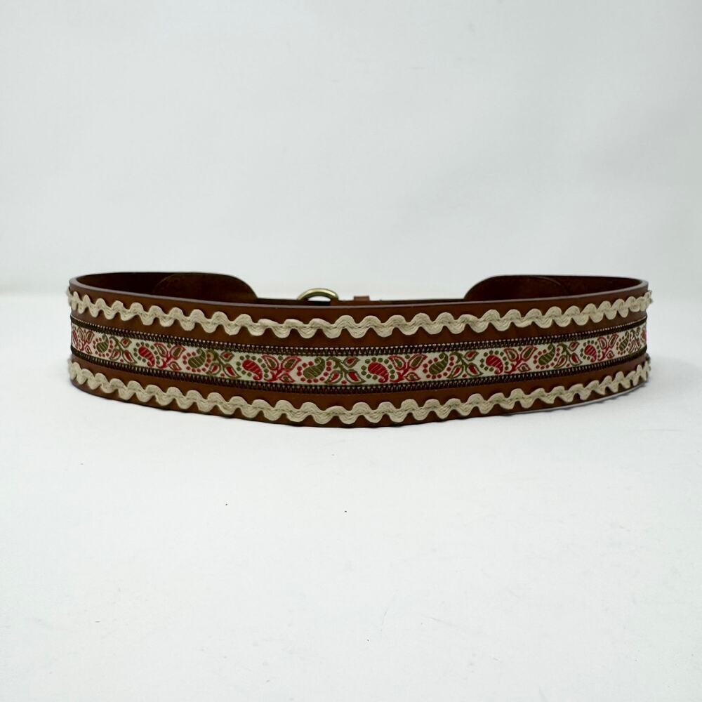 Brown Leather Folk Belt Paisley Fabric Rickrack Festival Ren Faire Peasant Sz M - Picture 4 of 12